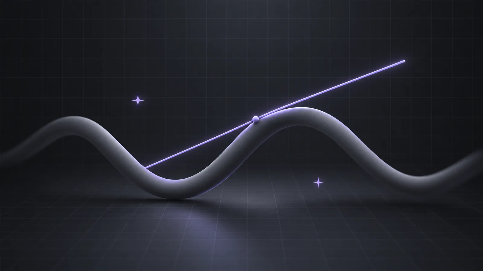 A smooth graphite wave floating over a dark grid with a straight glowing lilac line meeting it at a marked point