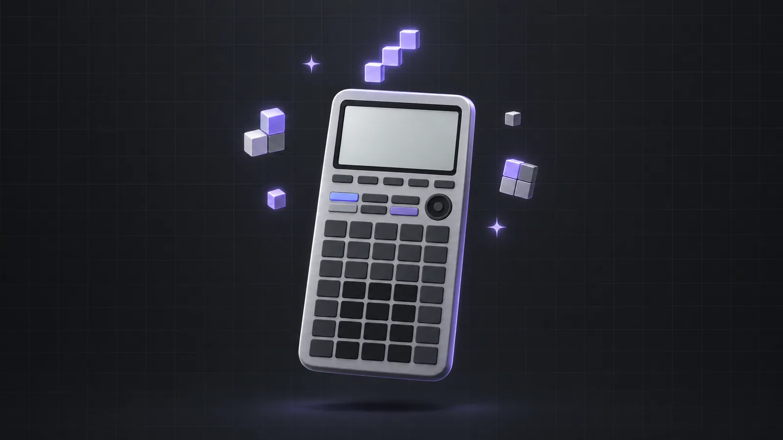 A blank graphing calculator with small glowing pixel blocks and a tiny blocky staircase floating above it