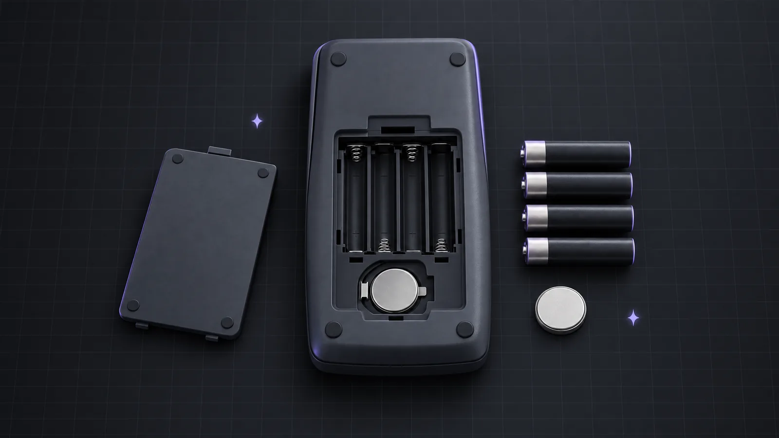 The back of a graphing calculator with the battery cover removed, four AAA batteries and a button cell laid out beside it