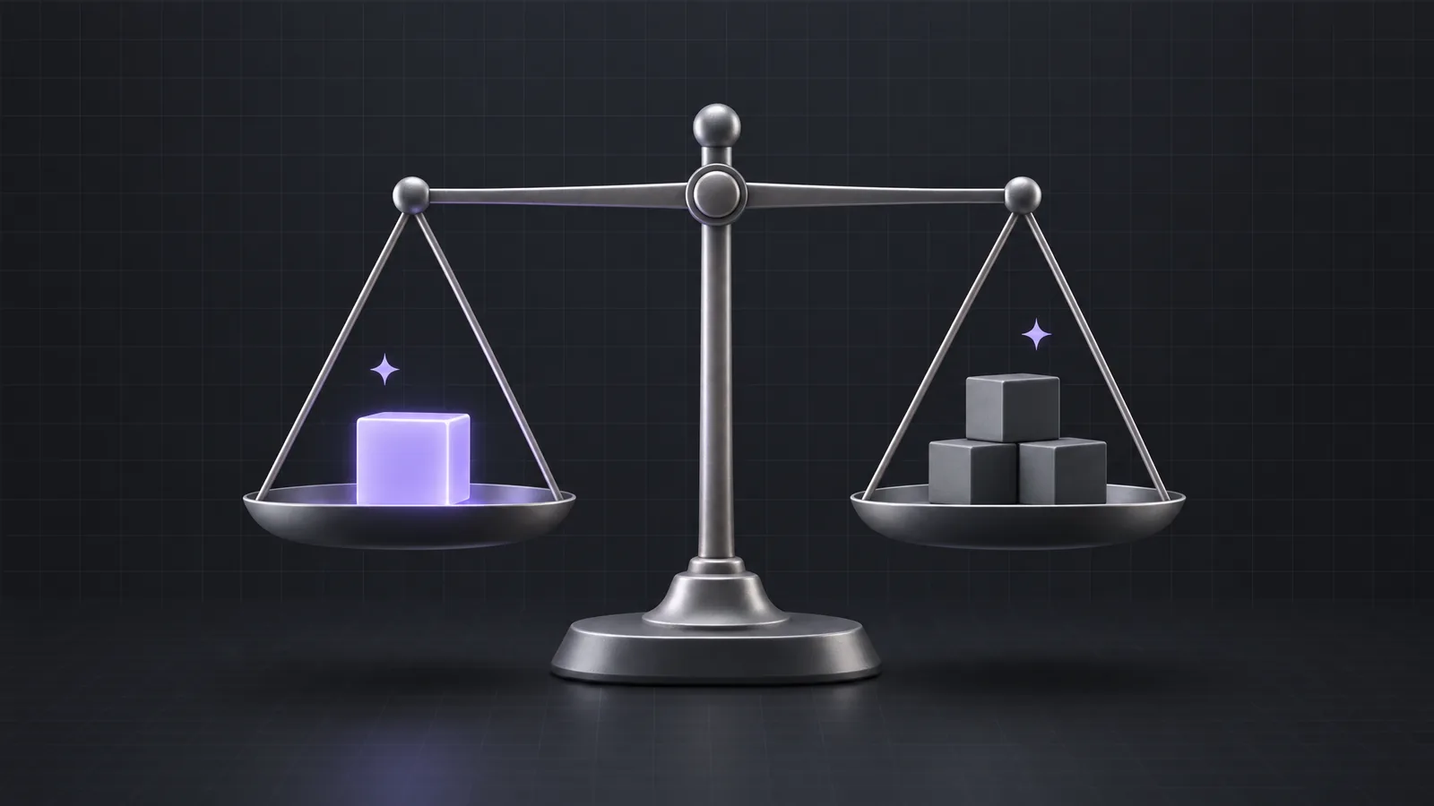 A matte balance scale in equilibrium with a glowing lilac cube on one pan and graphite blocks on the other