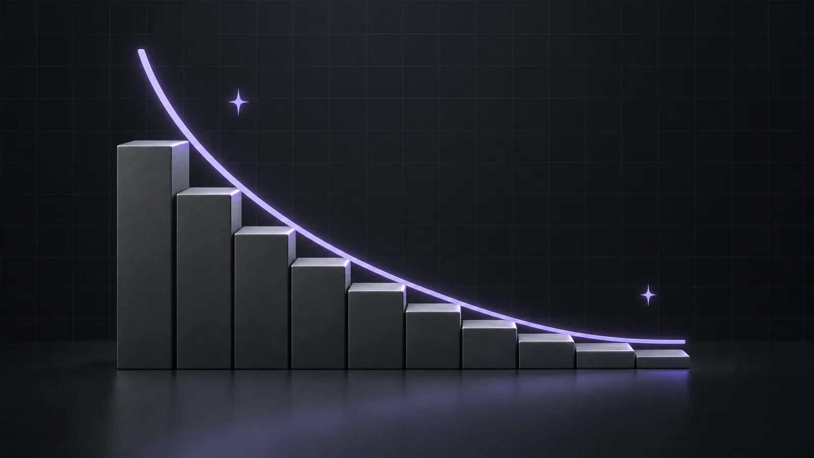 A staircase of graphite blocks of decreasing height beneath a smooth glowing lilac curve