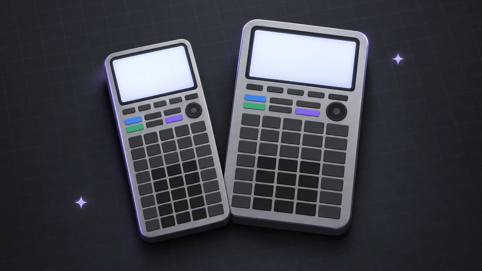 Two blank graphing calculators side by side on a dark desk with softly glowing screens