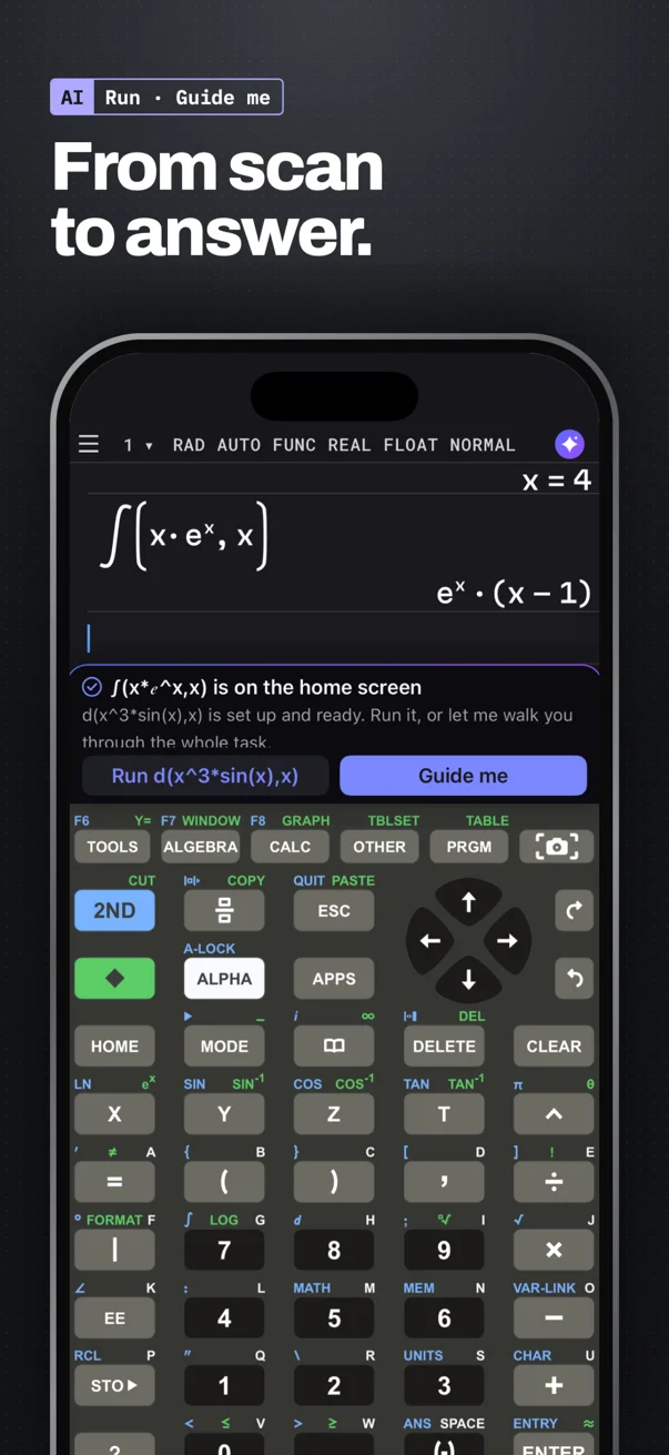 Calc89: From scan to answer. AI Run and Guide me: the scanned integral ∫(x·eˣ,x) = eˣ·(x−1) is on the home screen, the next task is set up and ready to run.