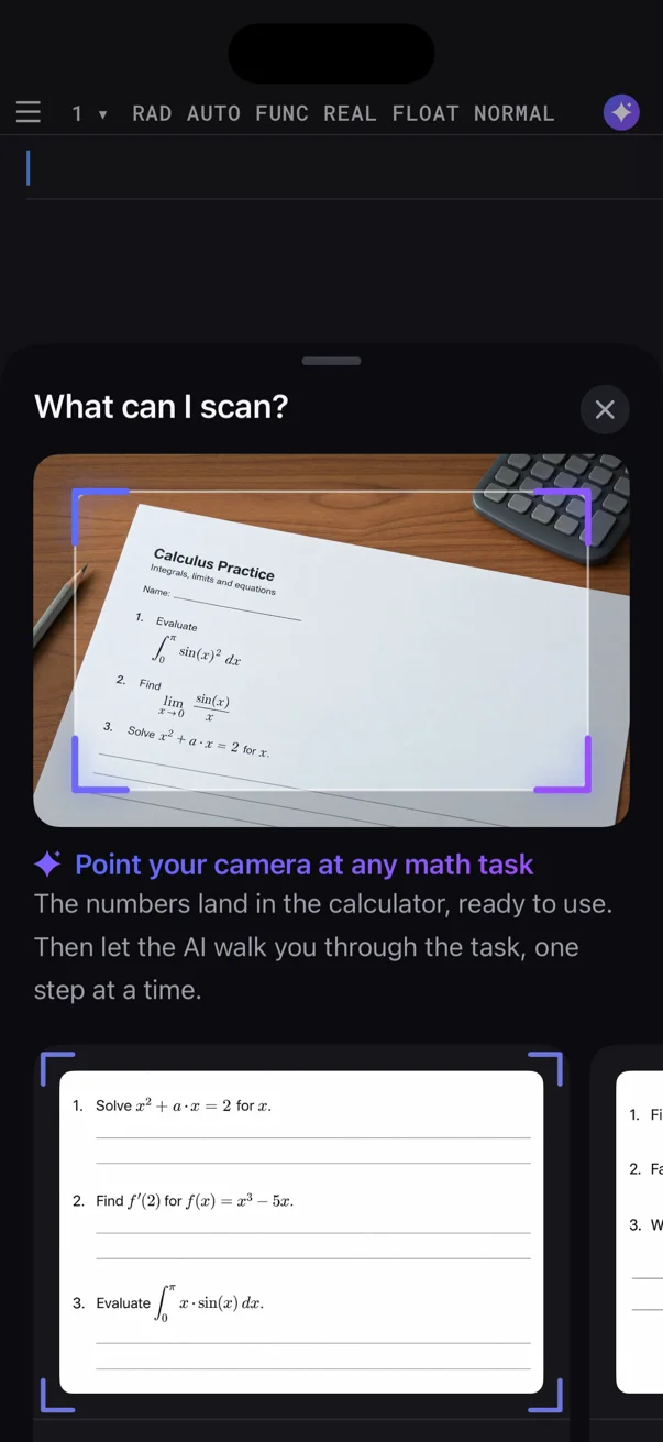 Calc89 “What can I scan?” guide: point your camera at any math task, such as a calculus worksheet with integrals, limits and equations; the numbers land in the calculator and the AI walks you through the task one step at a time